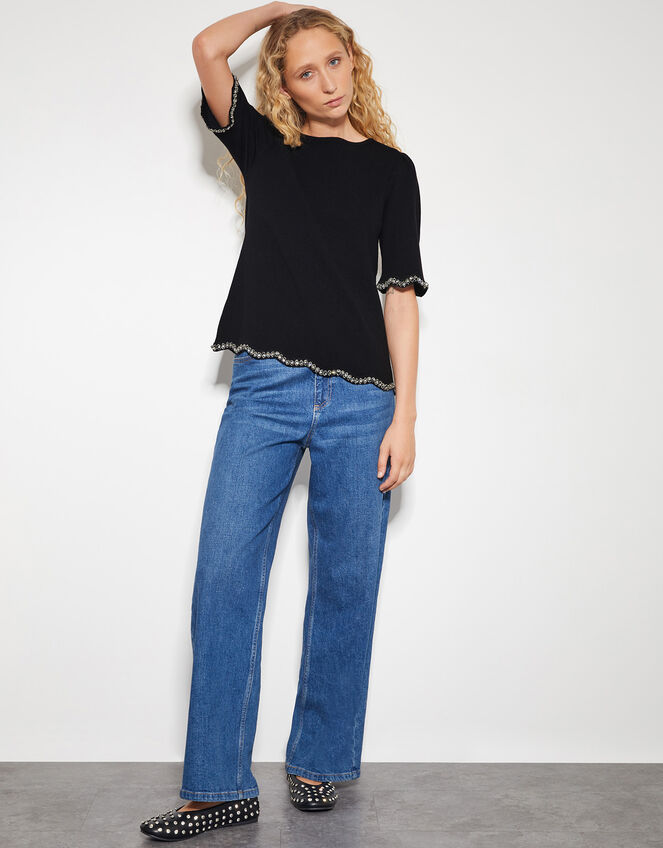 Tia Short Sleeve Diamante Trim Jumper, Black (BLACK), large