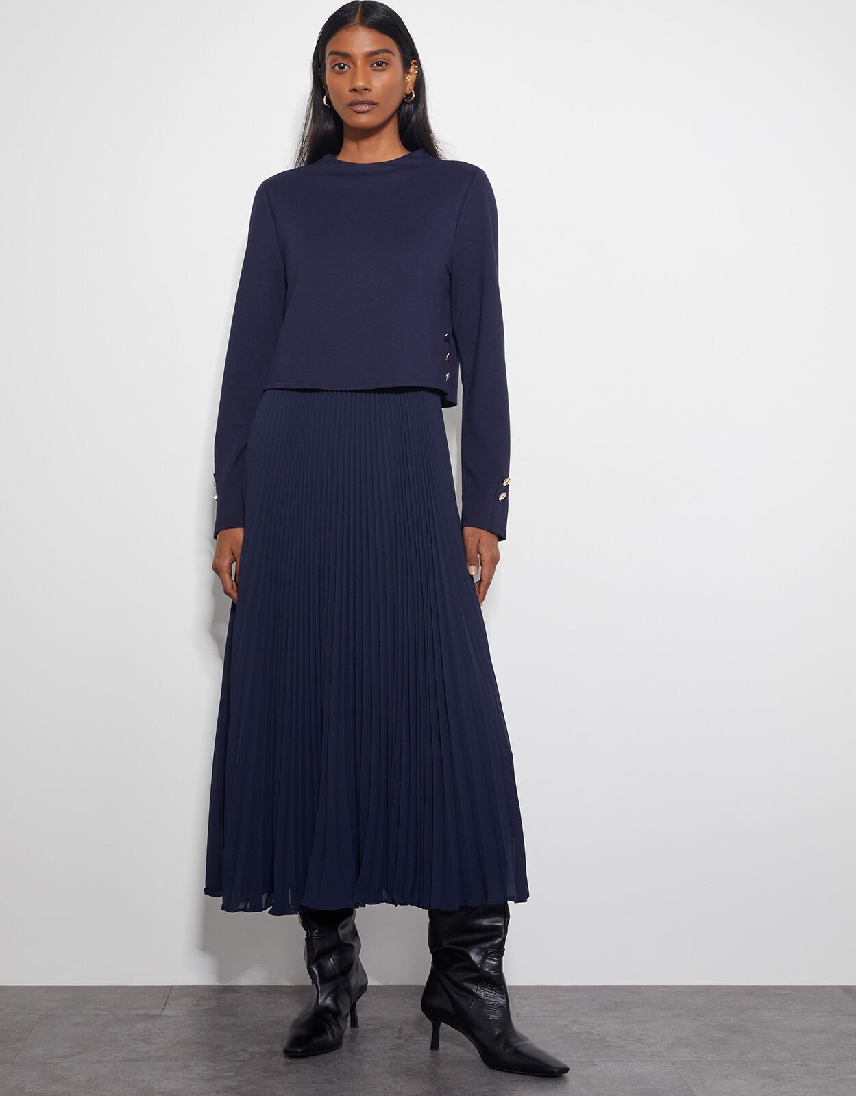 Penny Long Sleeve Pleated Midi Dress Blue