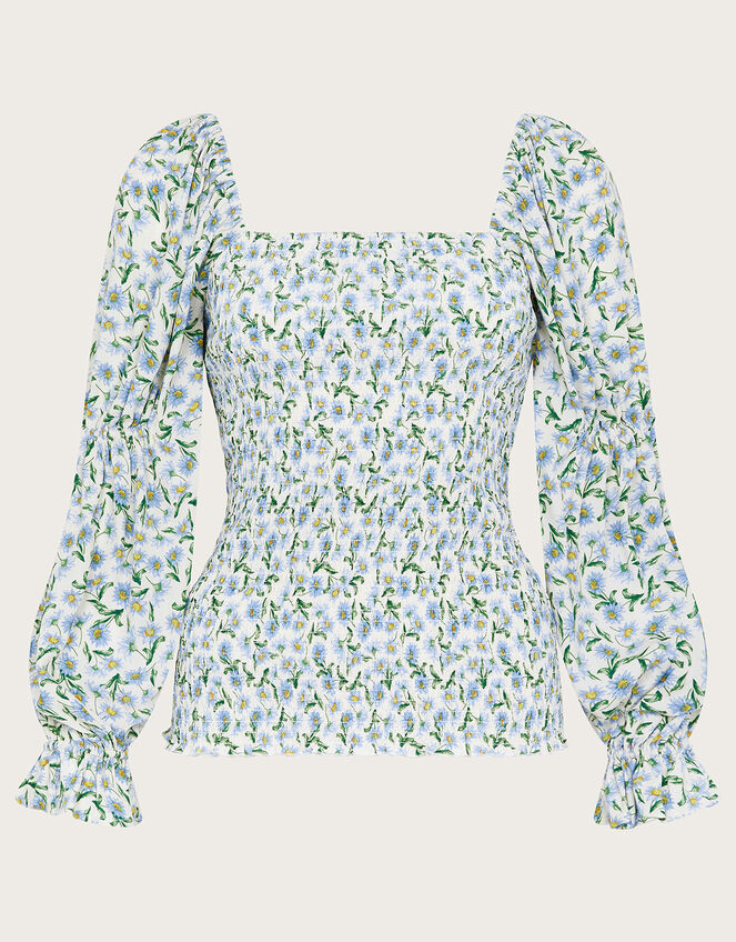 Ditsy Shirred Top in Recycled Polyester, Blue (BLUE), large