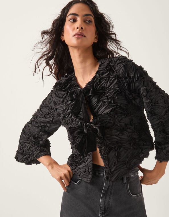 Tia Tie-Front Textured Jersey Jacket, Black (BLACK), large