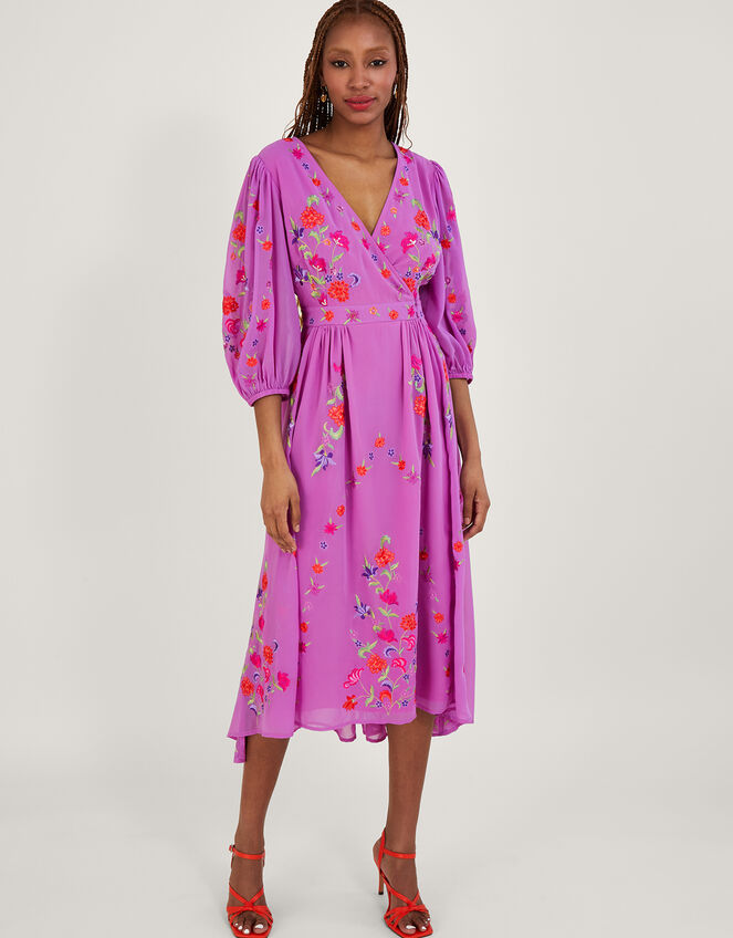 Lusia Embroidered Wrap Dress, Purple (LILAC), large