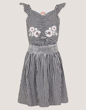 Floral Embroidered Gingham Cut-Out Dress, Black (BLACK), large