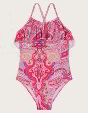 Paisley Frill Swimsuit, Orange (ORANGE), large
