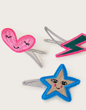 3-Pack Embroidered Badge Hair Clips, , large