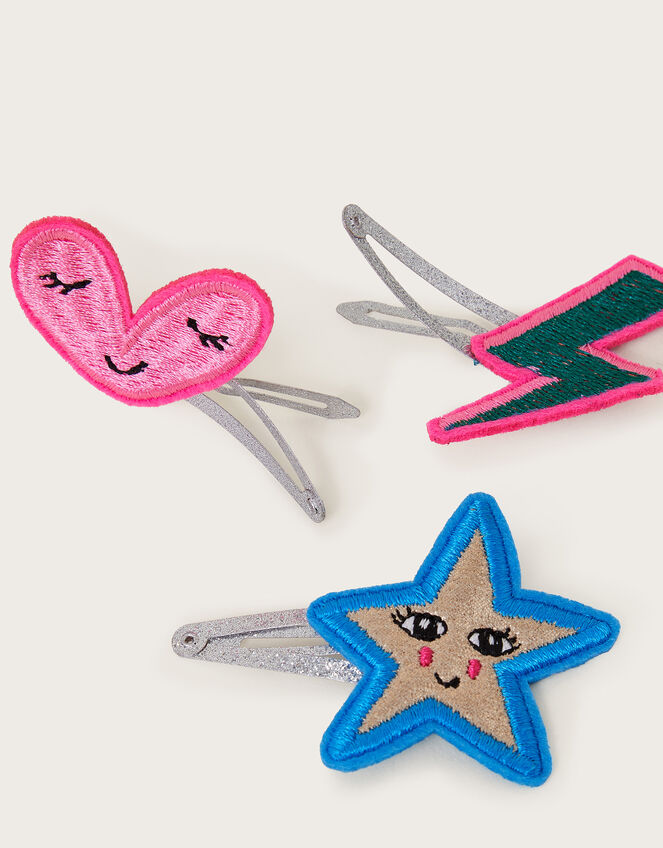 3-Pack Embroidered Badge Hair Clips, , large