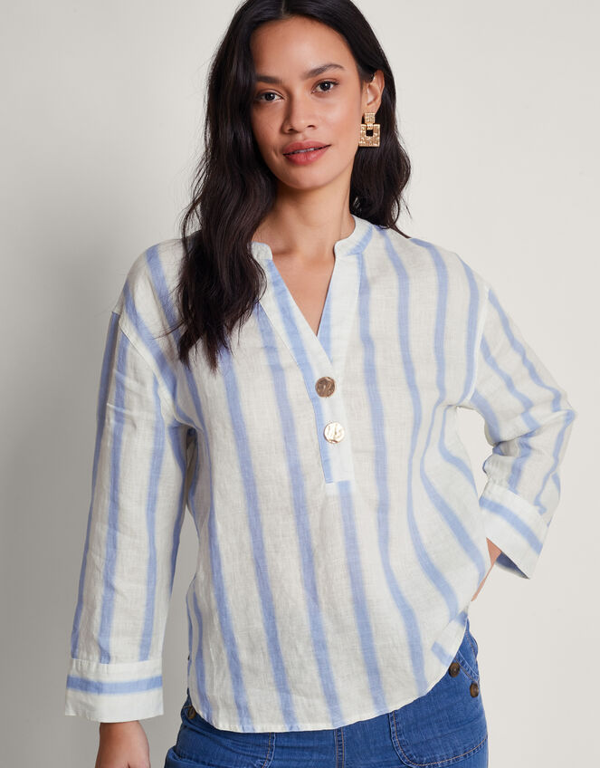 Lea Stripe Linen Top, Blue (BLUE), large