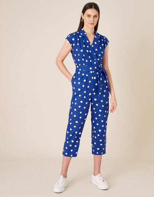 Spot Print Jumpsuit in Linen Blend , Blue (NAVY), large