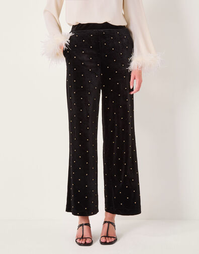 Emma Embellished Velvet Wide Leg Trousers, Black (BLACK), large