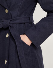 Lola Belted Wool Trench Coat, Blue (NAVY), large