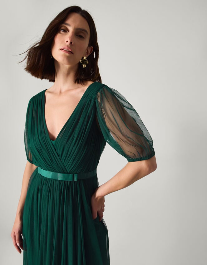 Ellie Sheer Sleeve Plunge Tulle Maxi Dress Green