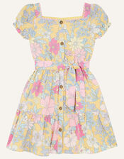 Floral Puff Sleeve Dress in Linen Blend, Yellow (YELLOW), large