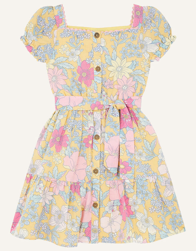 Floral Puff Sleeve Dress in Linen Blend, Yellow (YELLOW), large