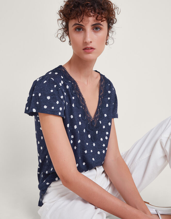 Mackie Spot Linen Top, Blue (NAVY), large