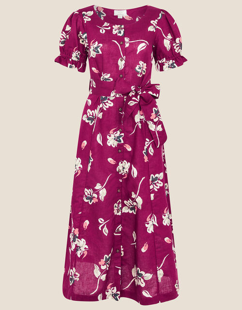 Floral Print Midi Dress in Linen Blend, Pink (CERISE), large