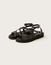 Strappy Flat Leather Sandals, Black (BLACK), large