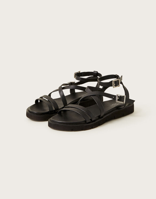 Strappy Flat Leather Sandals, Black (BLACK), large