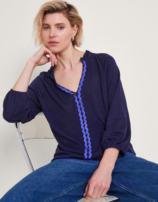 Lola Embroidered Linen Top, Blue (NAVY), large