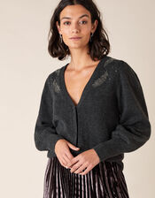 Feather Embellished Short Knit Cardigan, Grey (CHARCOAL), large