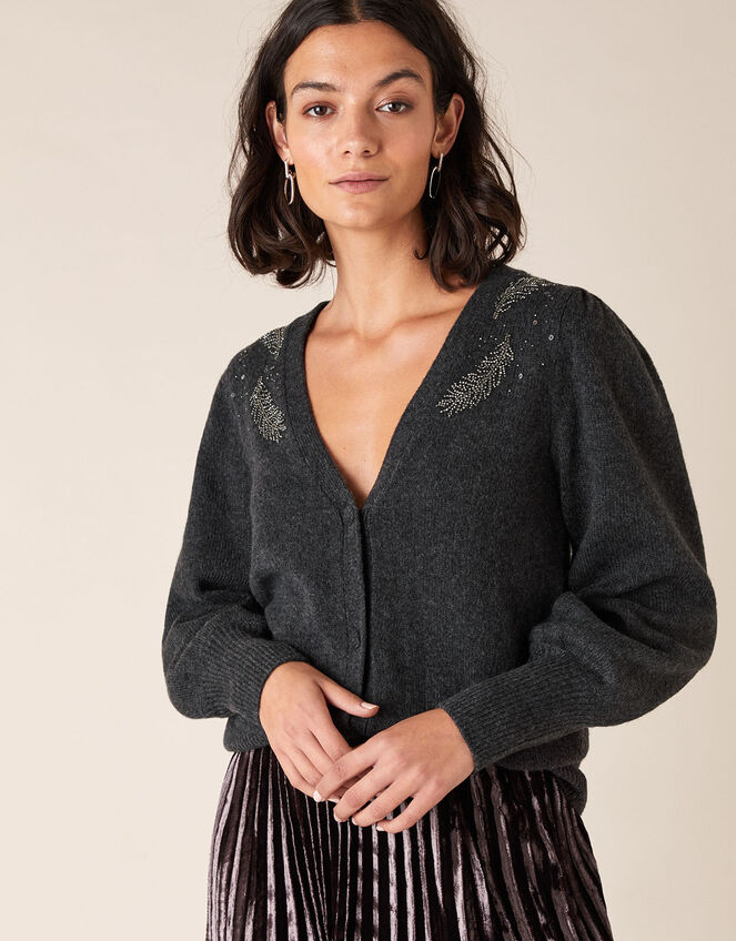 Feather Embellished Short Knit Cardigan, Grey (CHARCOAL), large