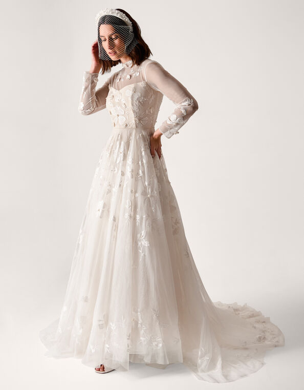 Lorelai Long Sleeve Floral Embellished Mesh Wedding Dress, Ivory (IVORY), large