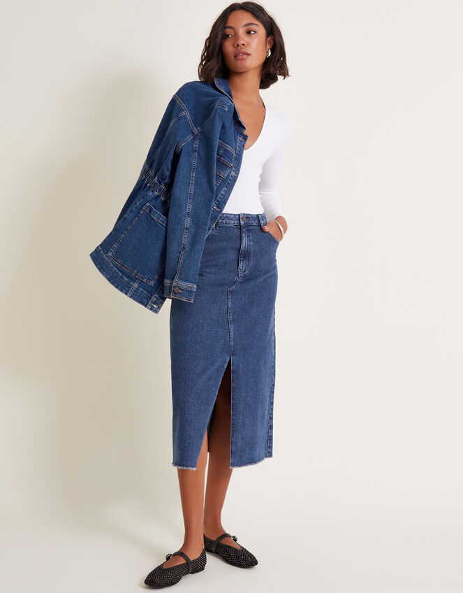 Sasha Split Denim Midi Skirt, Blue (DENIM BLUE), large