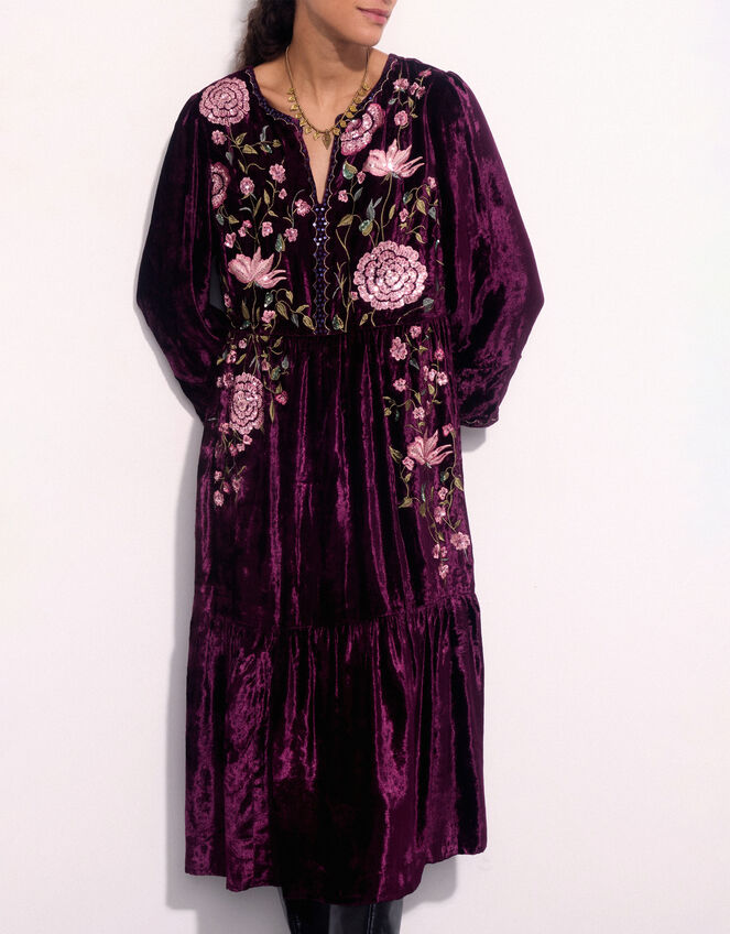 East Katlin Floral Embroidered Velvet Dress, Red (BERRY), large