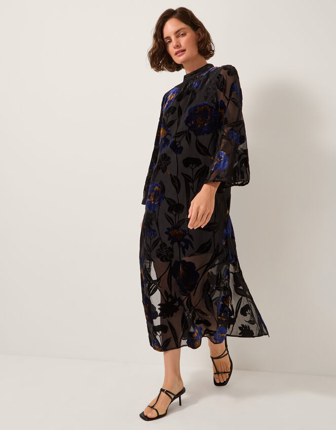 Giselle Sheer Floral Devoré Midi Dress, Blue (MIDNIGHT), large