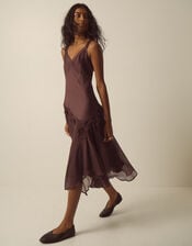 Ruby Sleeveless Asymmetrical Floral Embroidered Midi Dress, Brown (CHOCOLATE), large