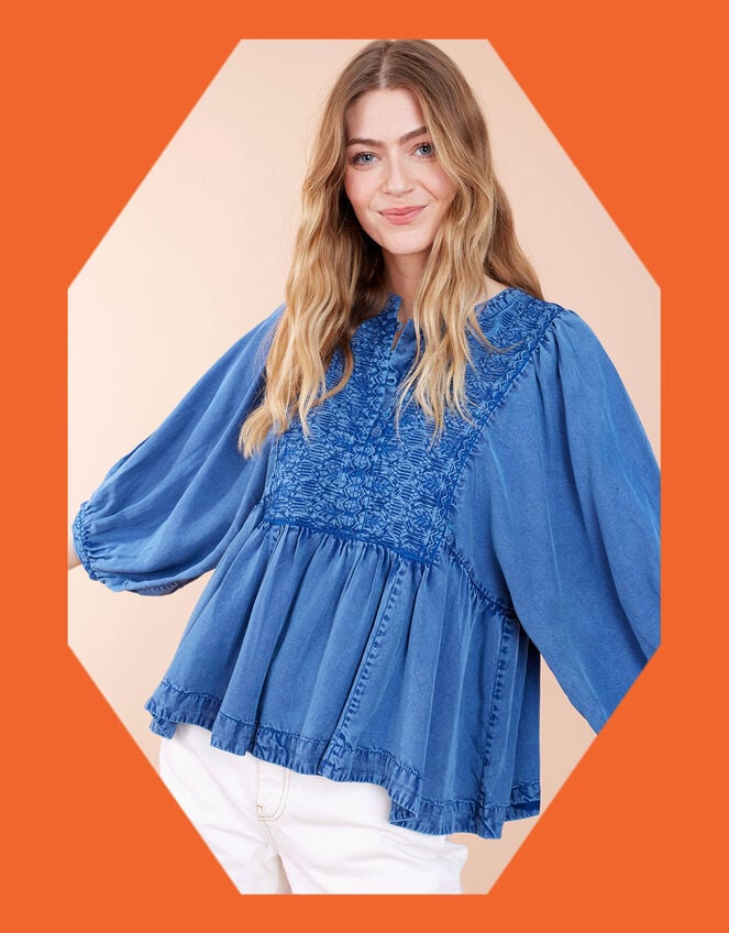 East Cinzia Tiered Denim Top, Blue (DENIM BLUE), large