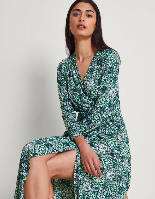 Kit Print Wrap Dress, Green (GREEN), large