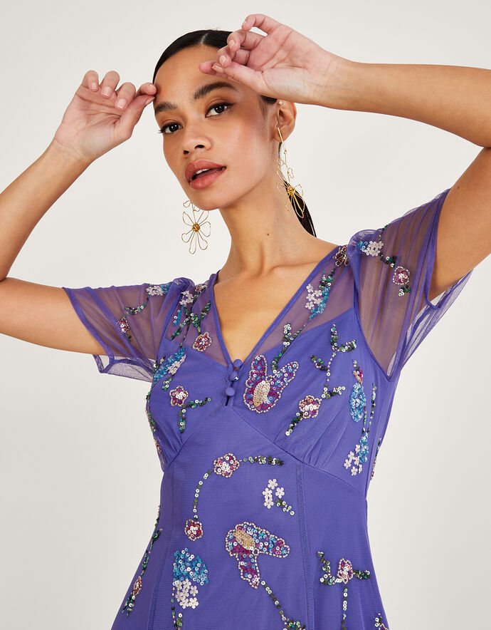 Kathy Embellished Midi Dress in Recycled Polyester Blue Evening