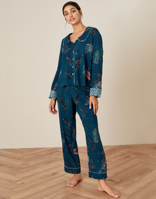 Feather Print Pyjama Set in Sustainable Viscose, Teal (TEAL), large