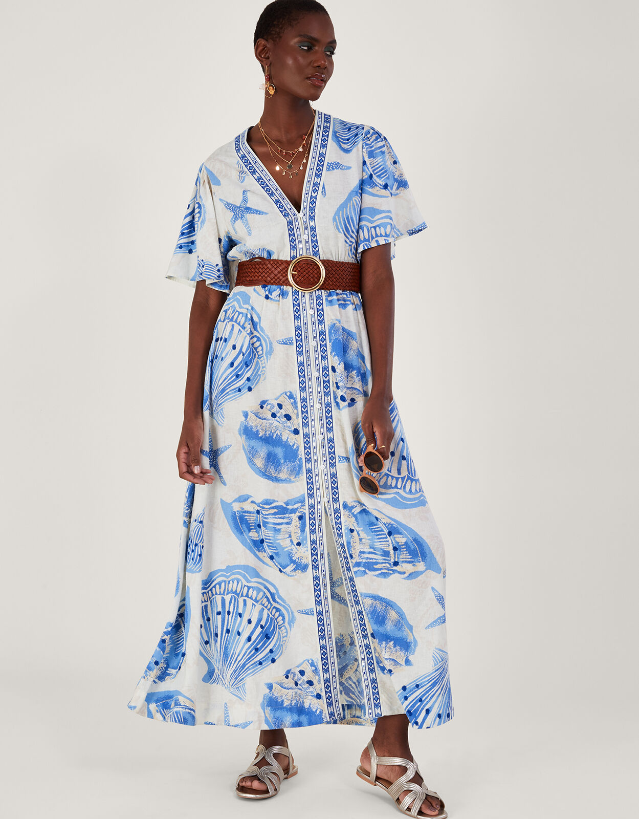 Shell Print Maxi Kaftan Dress in Linen Blend Ivory Kaftans