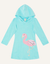 Flamingo Towelling Hooded Dress, Blue (TURQUOISE), large