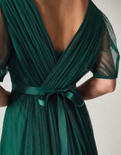 Ellie Sheer Sleeve Plunge Tulle Maxi Dress, Green (DARK GREEN), large