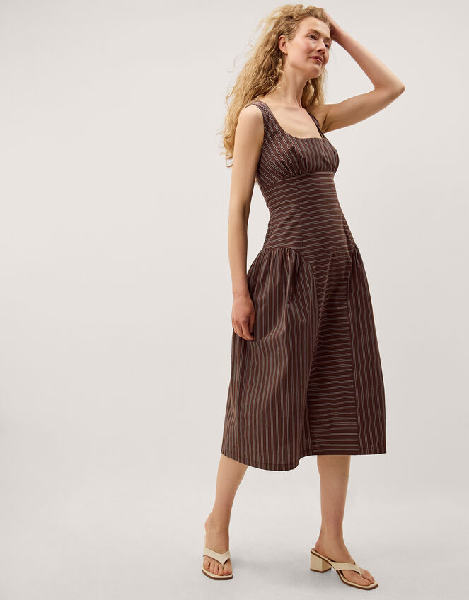Selena Square Neck Stripe Midi Dress, Brown (CHOCOLATE), large