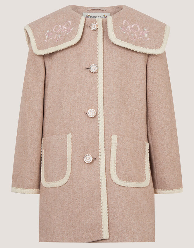 Embroidered Collar Coat, Camel (OATMEAL), large
