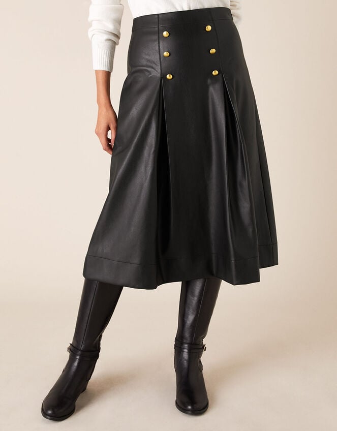 Gold Button Leather-Look Skirt, Black (BLACK), large