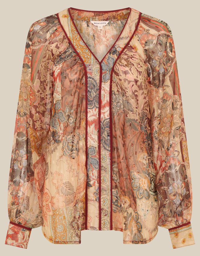 Evelina Sheer Floral Print Top, Brown (BROWN), large