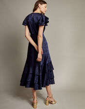 Ester Satin Ruffle Midi Dress, Blue (NAVY), large