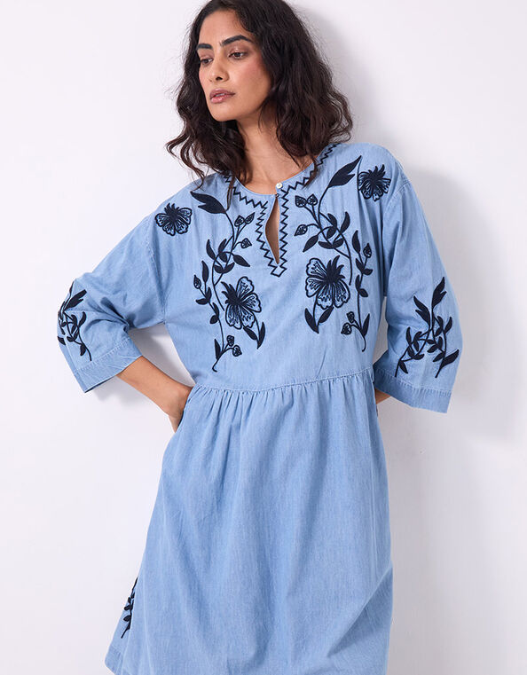 East Andie Embroidered Denim Mini Dress, Blue (BLUE), large