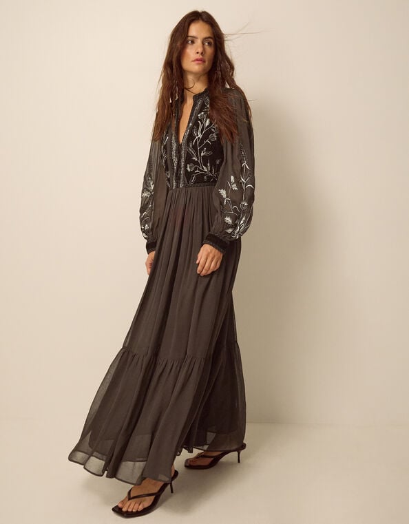 Josephine Long Sleeve Floral Embellished Maxi Dress, Brown (CHOCOLATE), large