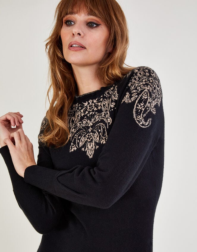 Frill Neck Metallic Print Dress with Sustainable Cotton, Black (BLACK), large