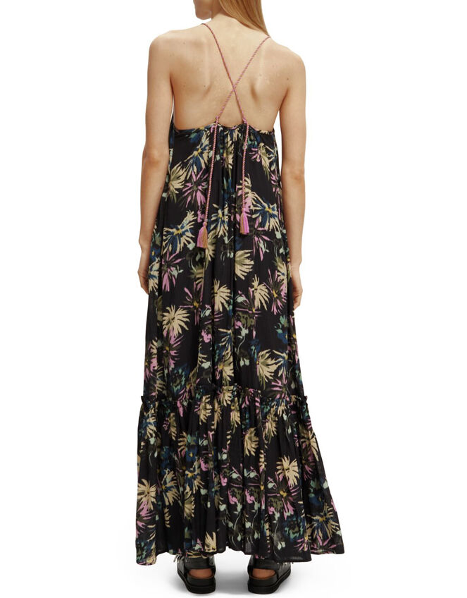 Scotch and Soda Print Tiered Maxi Dress Shorter Length, Black (BLACK), large