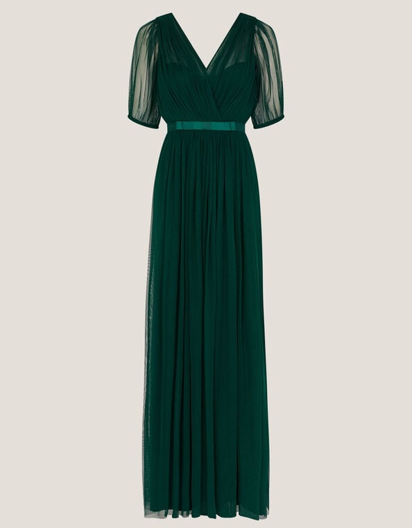 Ellie Sheer Sleeve Plunge Tulle Maxi Dress, Green (DARK GREEN), large