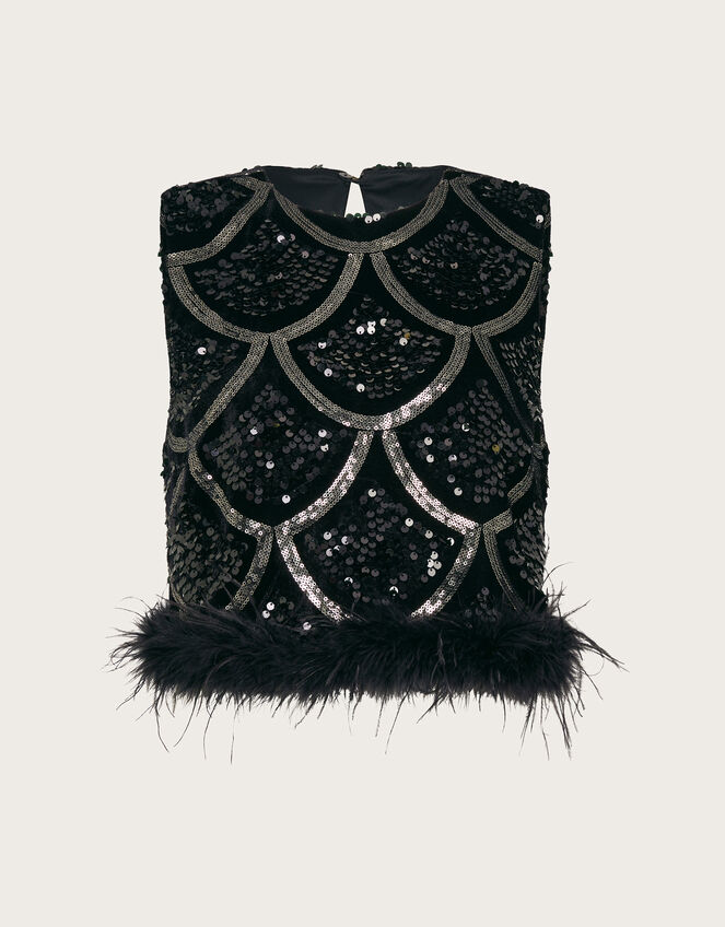 Sira Sleeveless Sequin Feather Top, Black (BLACK), large