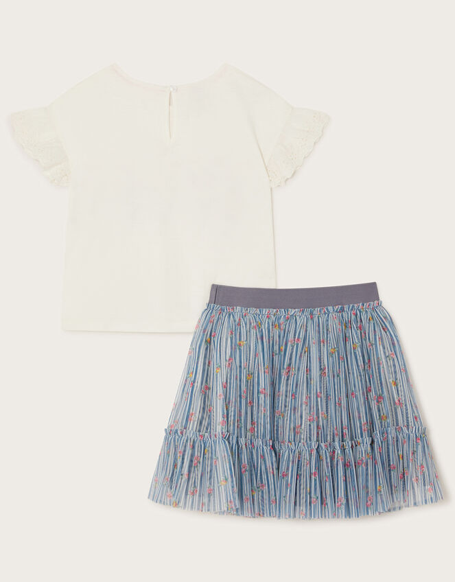 Floral T-Shirt and Tulle Skirt Set, Blue (BLUE), large