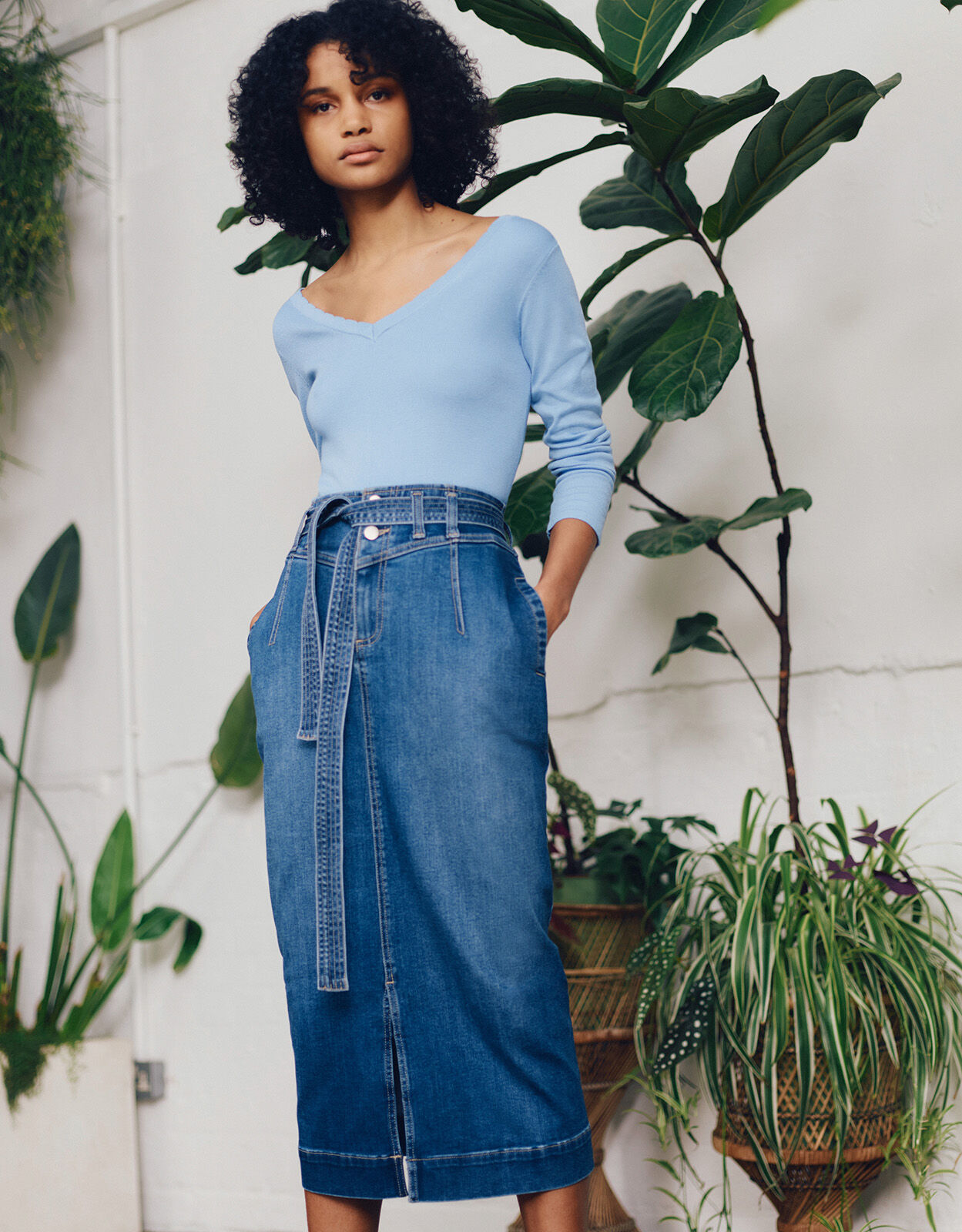 Denim midi hot sale skirt uk