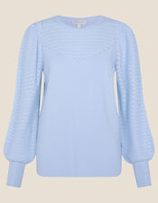 Pointelle Detail Pleat Sleeve Jumper, Blue (BLUE), large