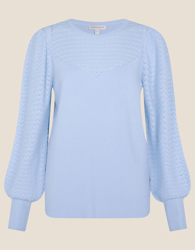 Pointelle Detail Pleat Sleeve Jumper, Blue (BLUE), large